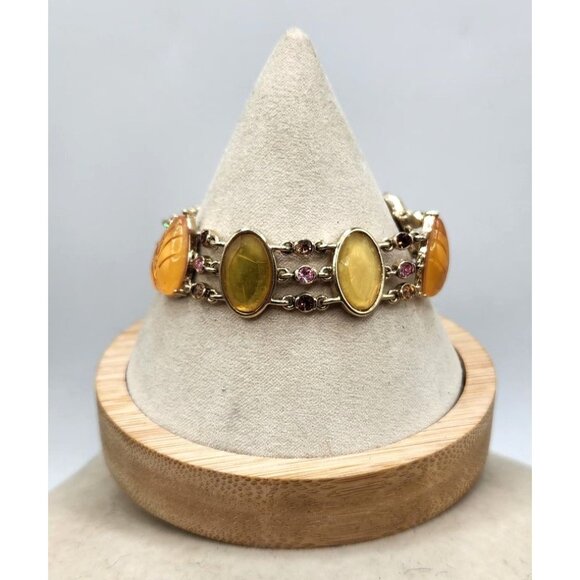 Honey Colored Cabochon Bracelet - Leaf Motif With Rhinestone Accents - Picture 1 of 5